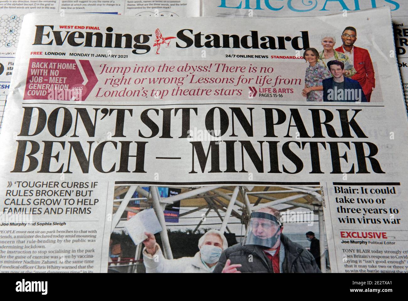 Evening Standard newspaper headline 'Don't Sit On Park Bench - Minister' Monday 11 January 2021 Coronavirus Corvid19 Editorial use only. Stock Photo