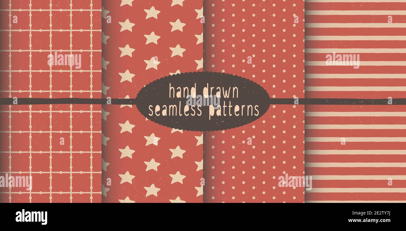 Set of hand drawn vector seamless patterns. Geometric - stripes and points. Doodle drawing with colored pencils. Red and white. Ideal for textiles Stock Vector