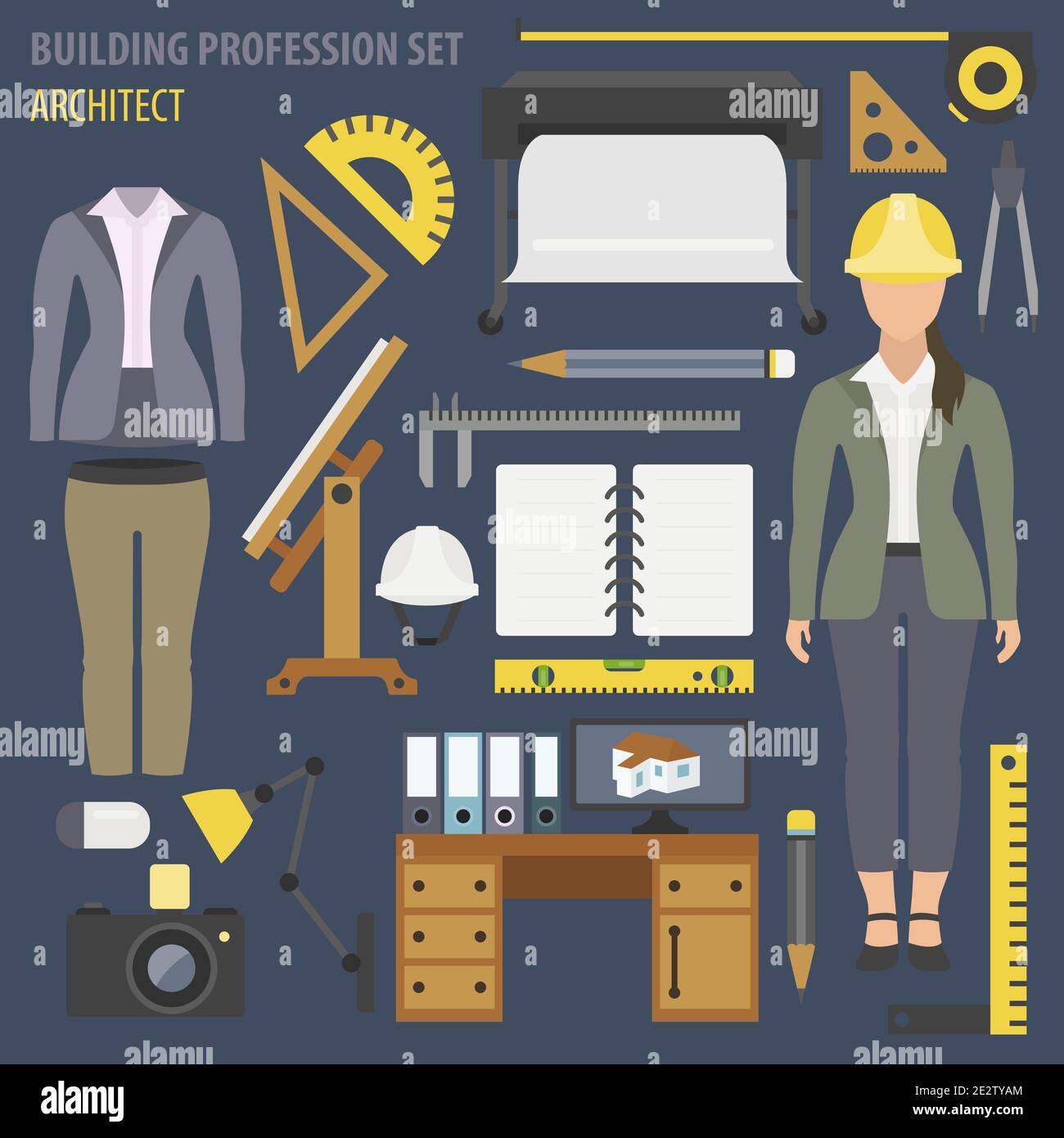 Profession and occupation set. Architect tools workplace equipment 