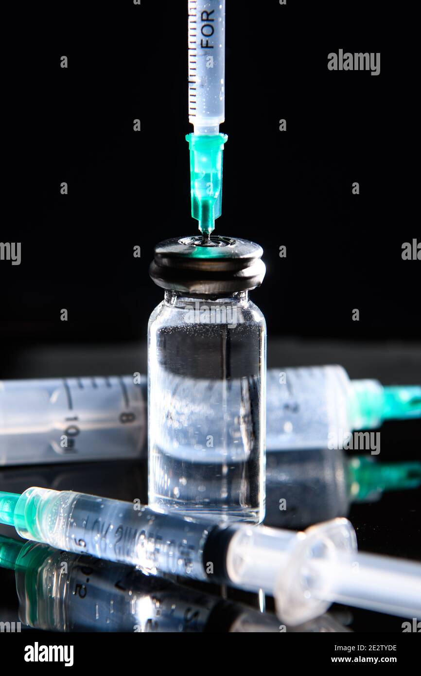 Stock picture of syringes and drug vials, as the UK government continues to ramp up the vaccination programme against Covid-19. Picture date: Friday January 15, 2021. Photo credit should read: Matt Crossick/Empics/Alamy Stock Photo