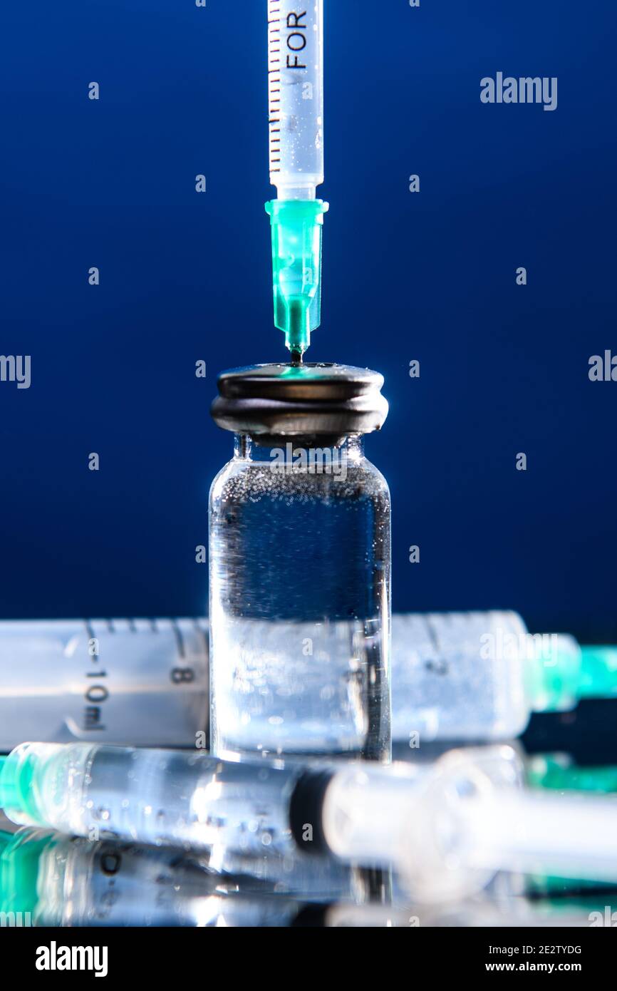 Stock picture of syringes and drug vials, as the UK government continues to ramp up the vaccination programme against Covid-19. Picture date: Friday January 15, 2021. Photo credit should read: Matt Crossick/Empics/Alamy Stock Photo