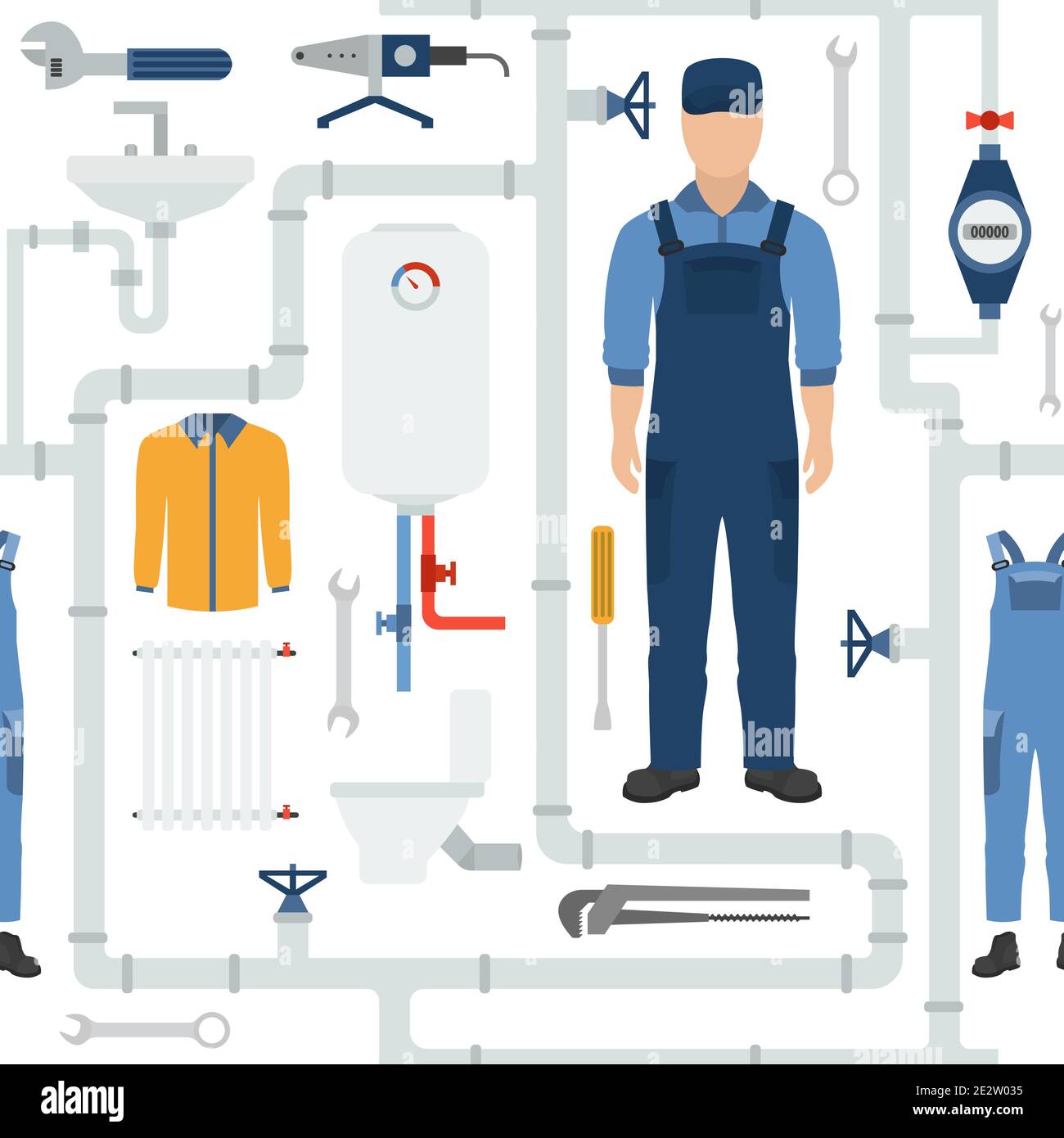 Profession and occupation seamless pattern. Plumber tools and equipment. Uniform flat design. Vector illustration Stock Vector