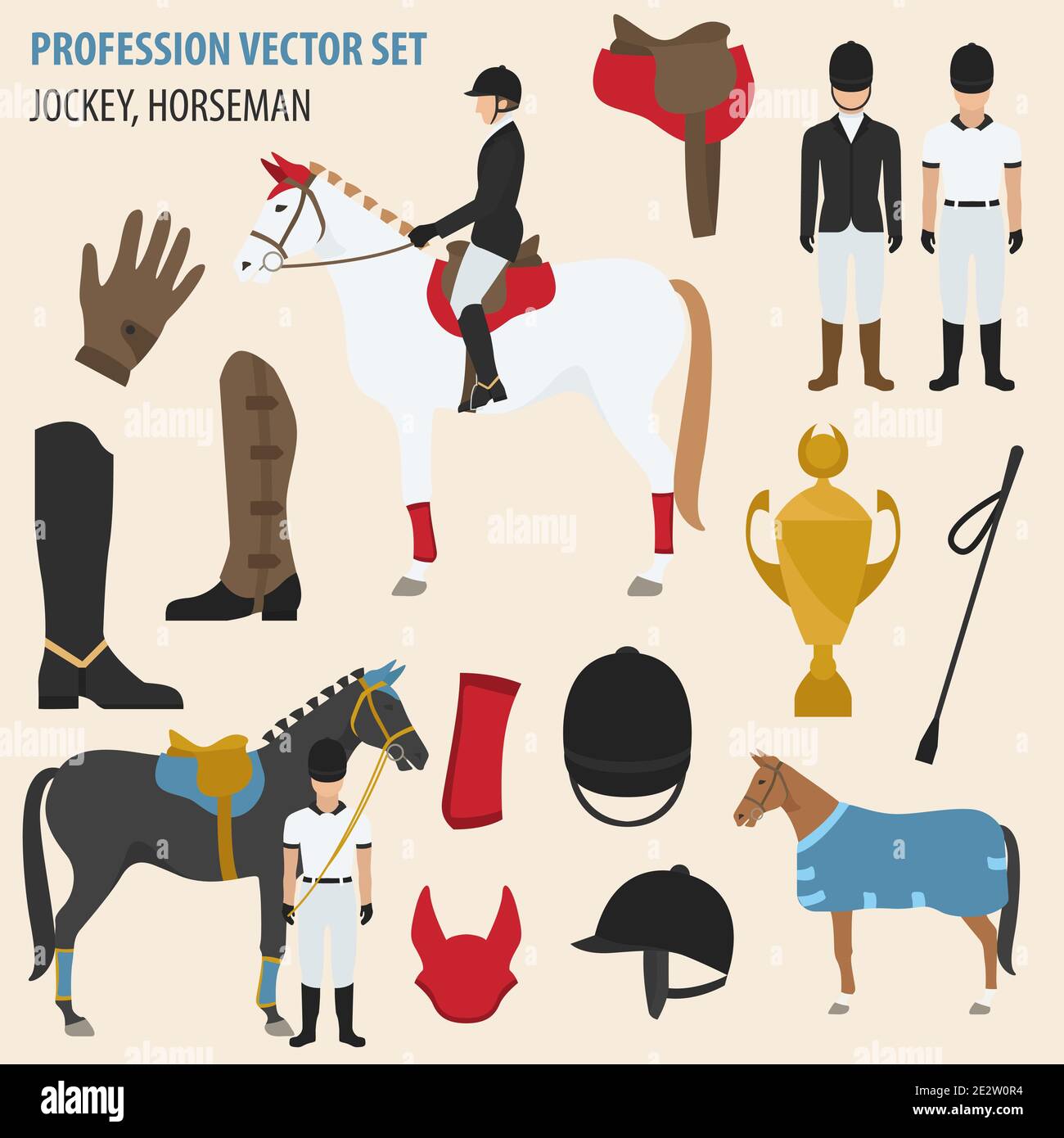 Profession and occupation set. jockey equipment, horseman flat design