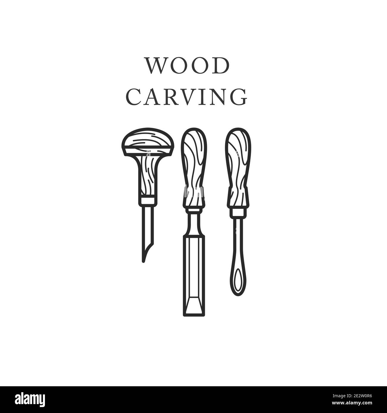 Wood carving tools icon, logo with chisels, timber engraving emblem, vector Stock Vector