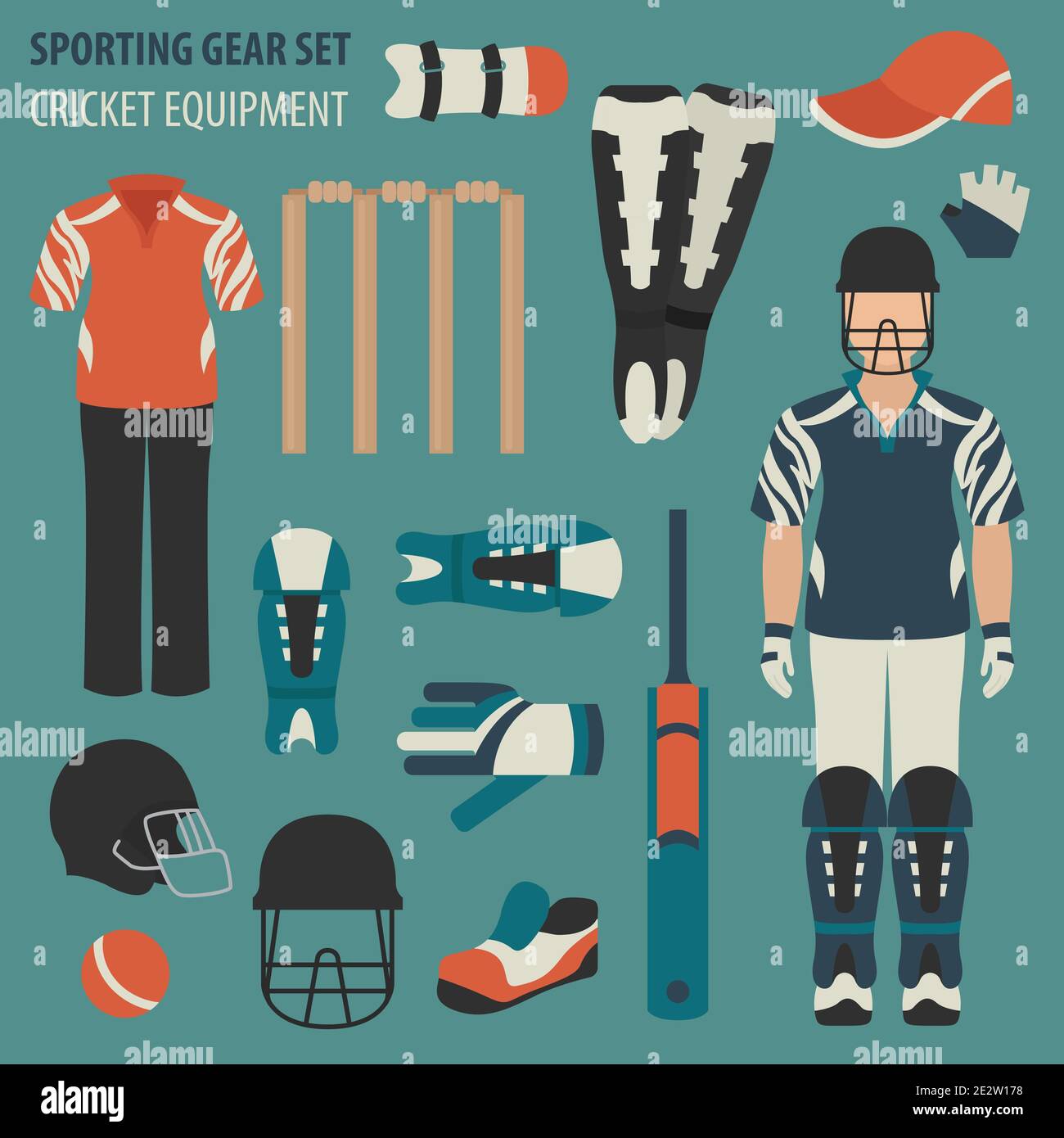 Sporting gear set. Cricketer equipment and accessories flat design icon.Vector illustration Stock Vector