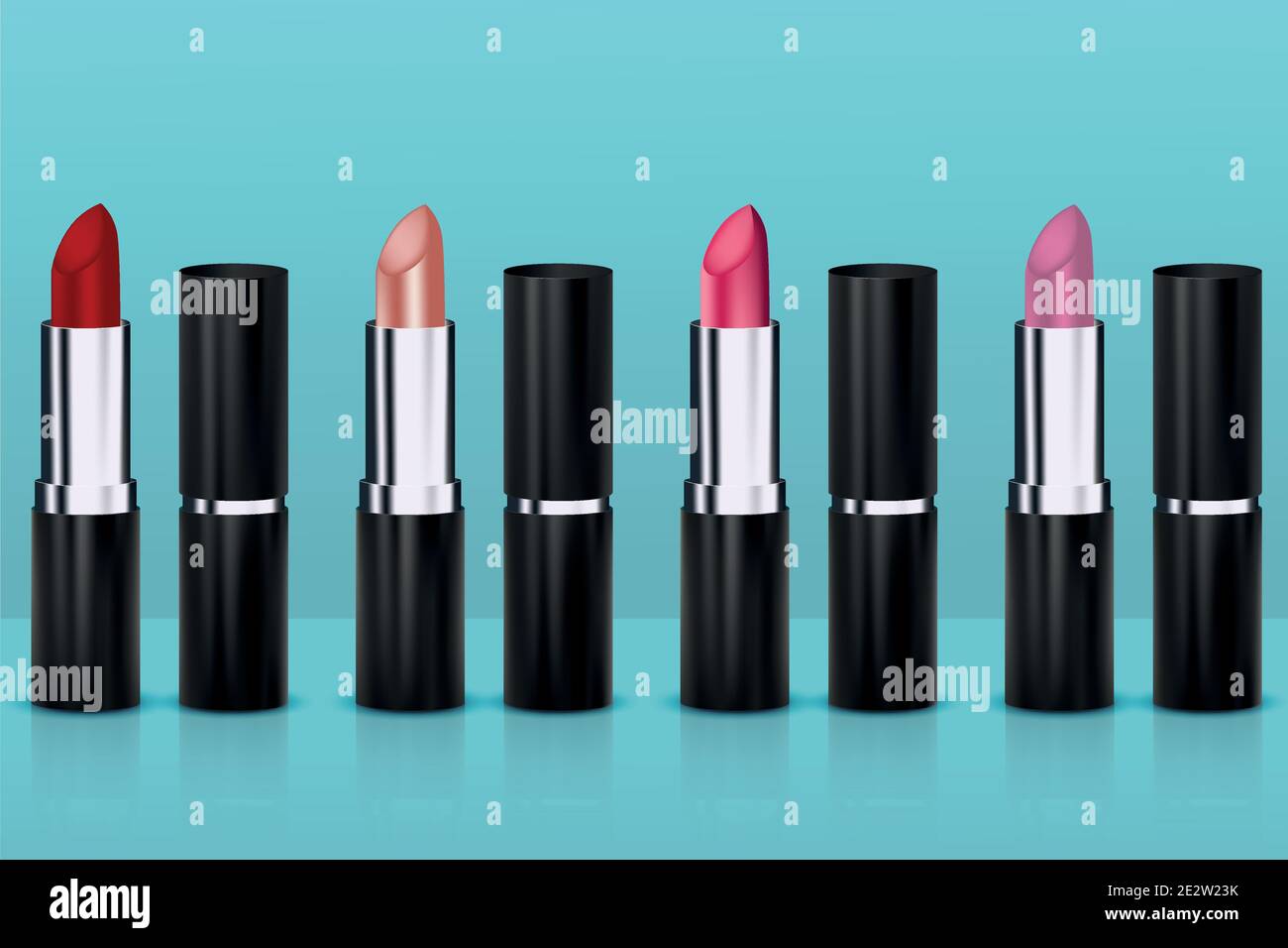 Vector drawing. Realistic set of lipsticks on a turquoise background