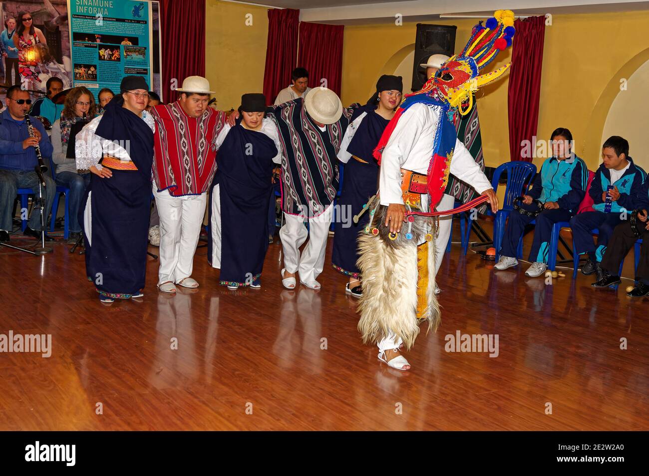 musical show, band, performance, costumes, student dancers, Sinamune Disabled Children's School, South America, Quito, Ecuador Stock Photo