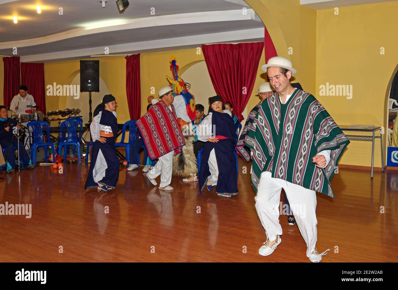 musical show, band, performance, native costumes, student dancers, movement, motion, Sinamune Disabled Children's School, South America, Quito, Ecuado Stock Photo