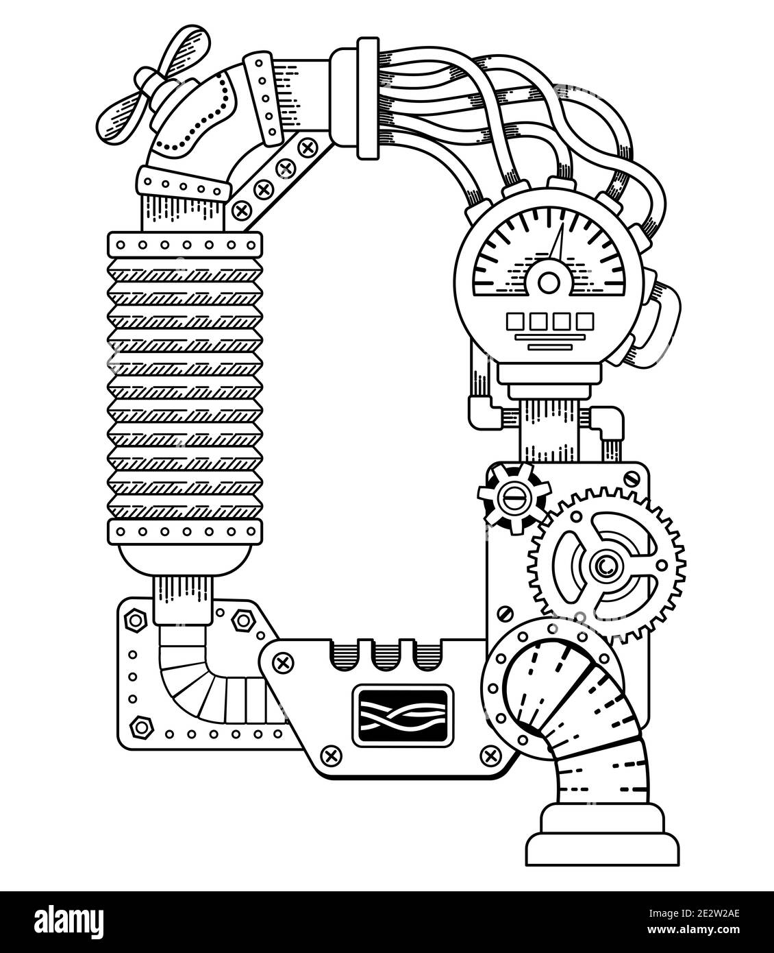 Vector coloring book for adults. Steampunk font. Mechanical alphabet made of metal gears and various details on white background. Letter Q Stock Photo