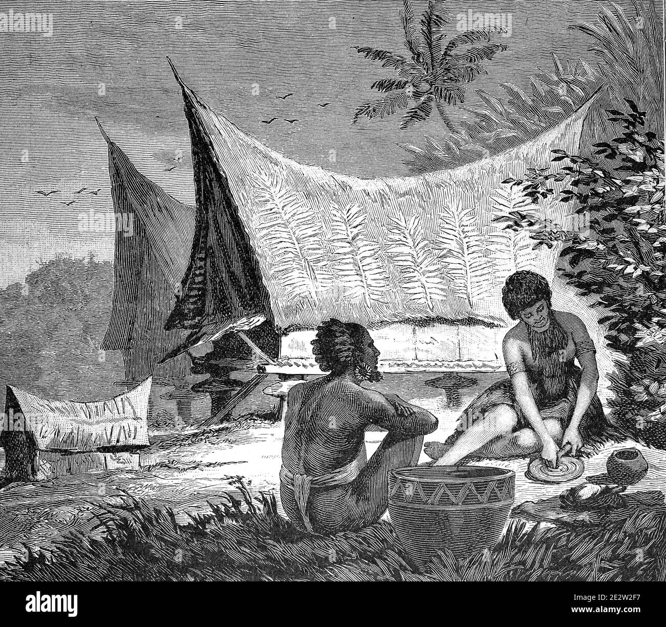 Houses and tombs in house form on Ehas, island of East New Guinea, illustration from 1880, from the voyages of discovery of the German steamer Samoa  /  Häuser und Grabstätten in Hausform auf Ehas, Insel von Ost Neuguinea, Illustration aus 1880, von den Entdeckungsfahrten des deutschen Dampfer Samoa, Historisch, historical, digital improved reproduction of an original from the 19th century / digitale Reproduktion einer Originalvorlage aus dem 19. Jahrhundert, Stock Photo