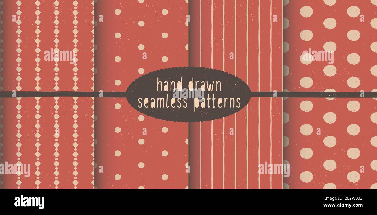 Set of hand drawn vector seamless patterns. Geometric - stripes and points. Doodle drawing with colored pencils. Red and white. Ideal for textiles Stock Vector