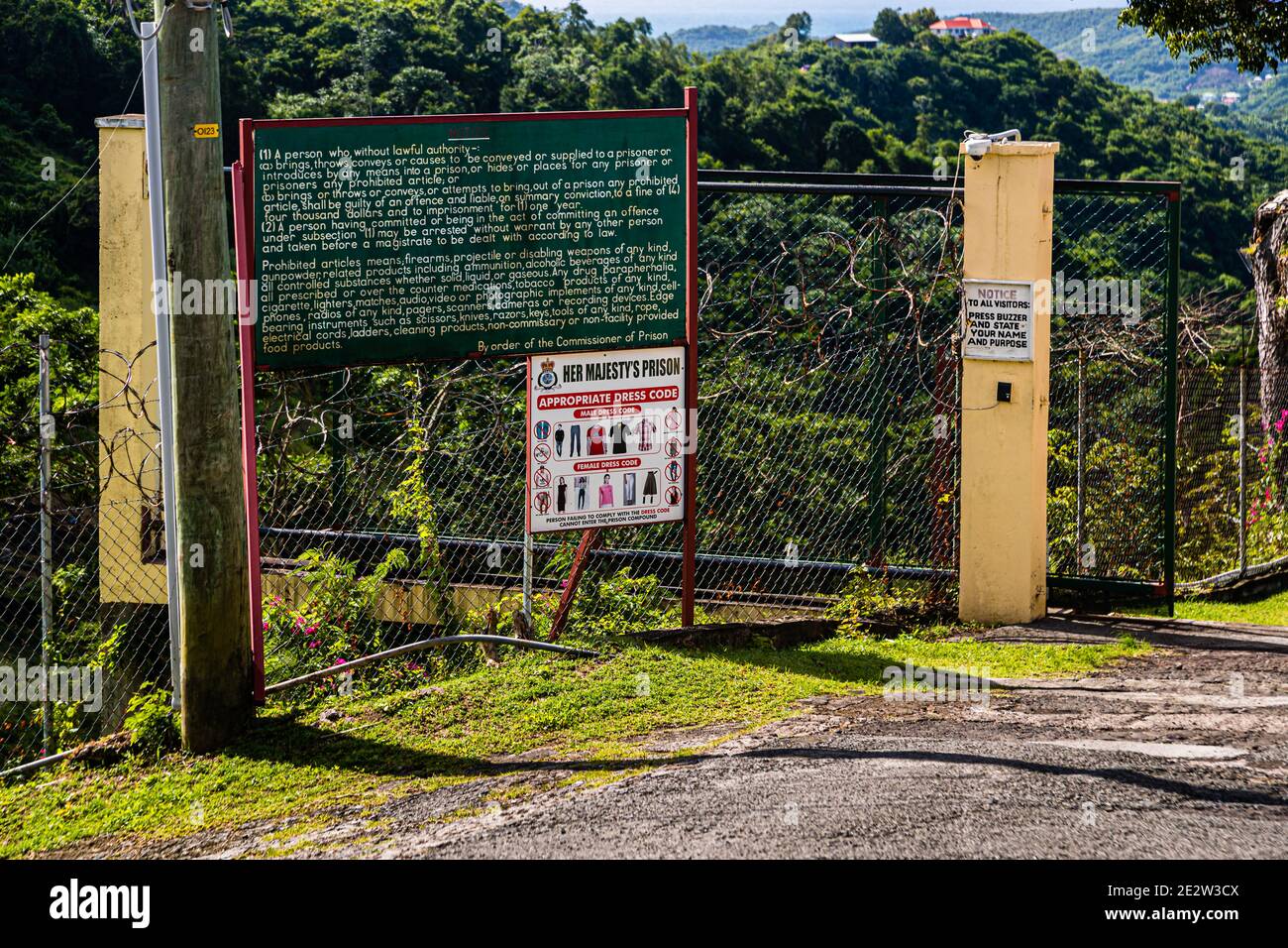 Dress code for visitors to Her Majesty's Prison: cameras and cell phones are prohibited. Richmond Hill Prison (her majesty's inn) is Grenada's State prison in Saint George's, capital city of Grenada Stock Photo