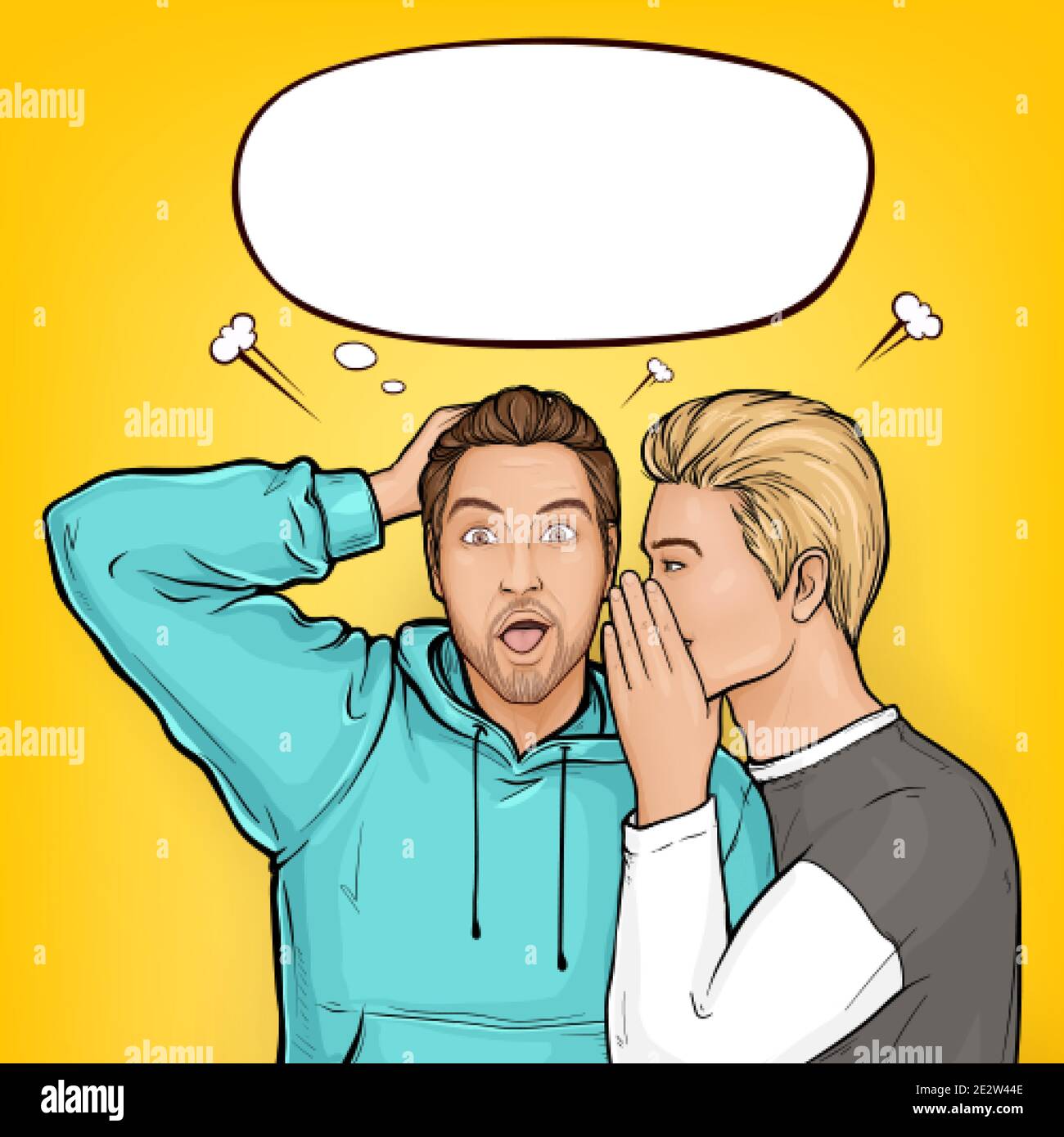 Vector pop art blonde haired man whispers about sales or secrets to ear of surprised brown guy in hoodie. Shocked man holding hands on head with wide opens his mouth and eyes on yellow background. Stock Vector