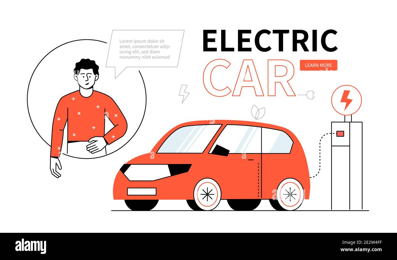 Electric car - colorful line design style web banner on white ...