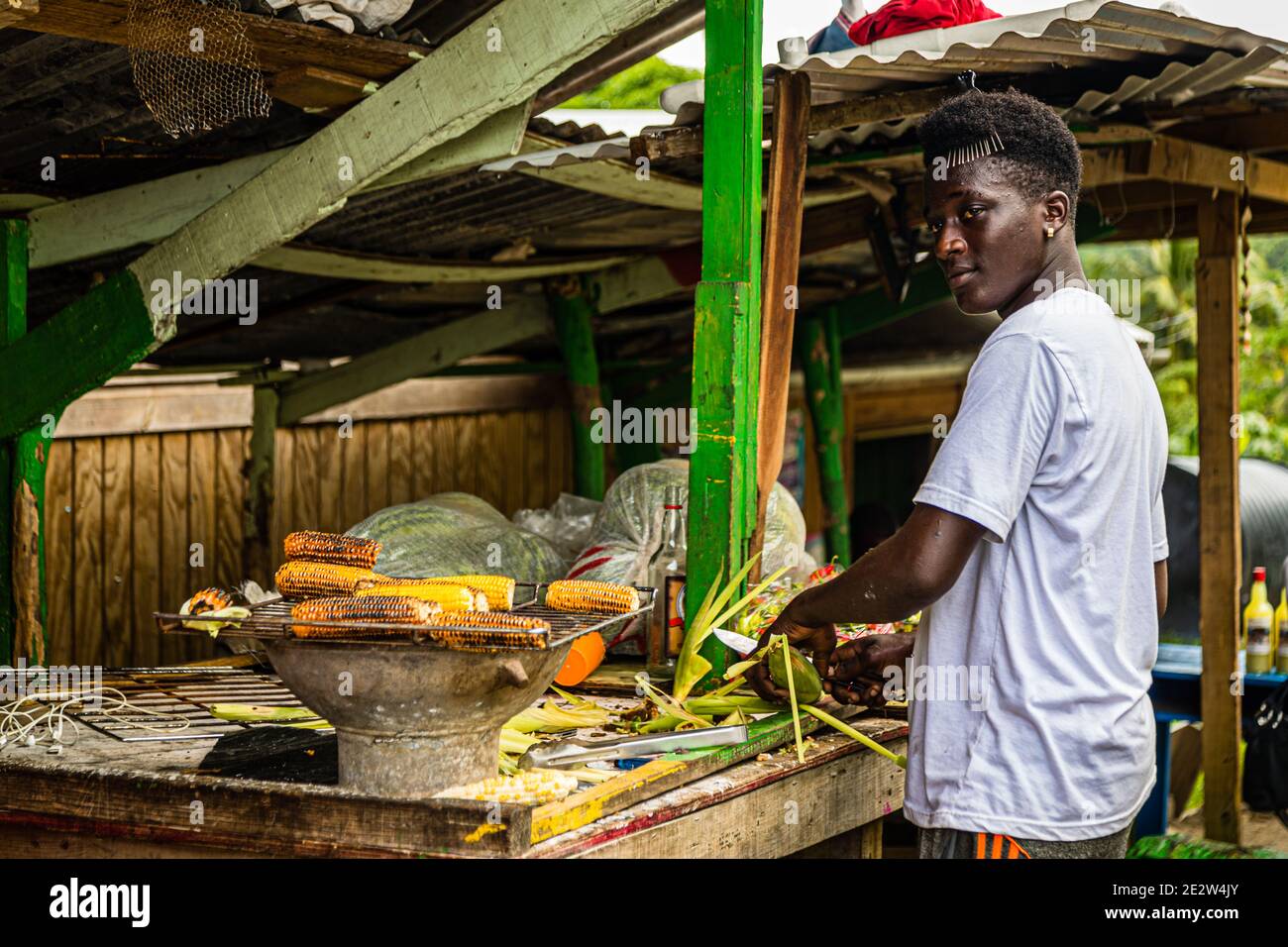 Roasted corn kiosk in Morne Fendue, Grenada Stock Photo