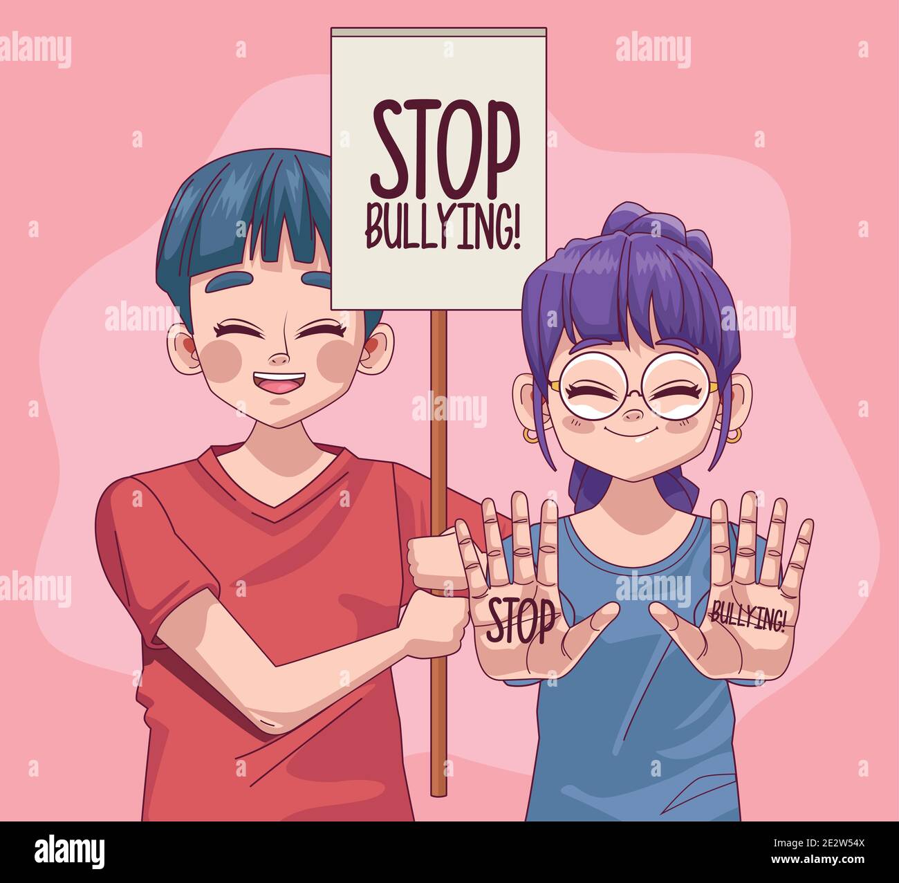 young teenagers couple with stop bullying lettering in protest banner ...
