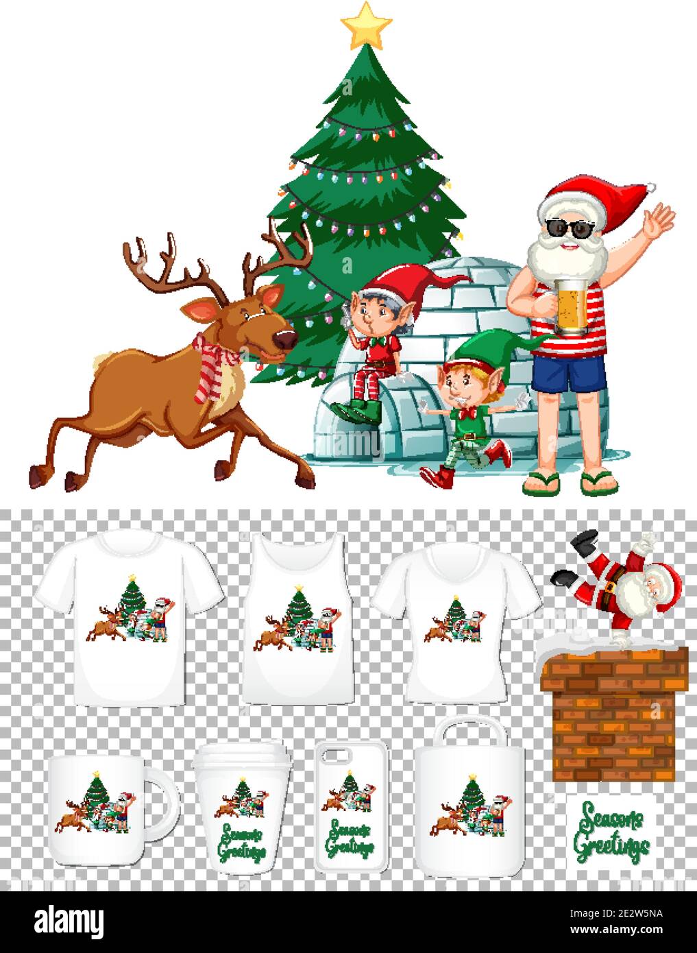 Santa Claus dancing cartoon character with set of different clothes and accessories products on transparent background illustration Stock Vector