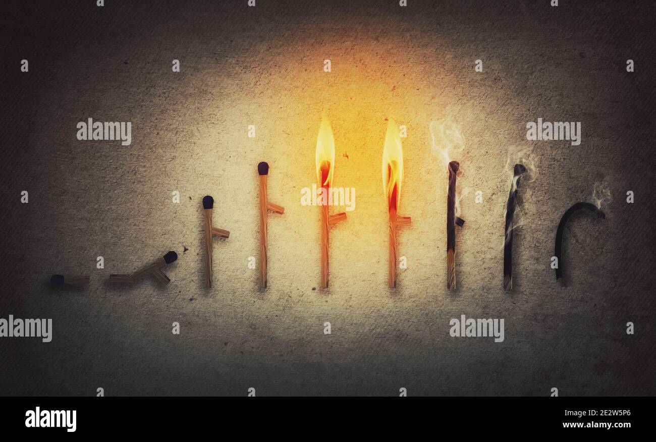 Human life cycle metaphor, grw, with matchsticks characters symbolizing people on different age stages from birth till death. Time passing concept, gr Stock Photo