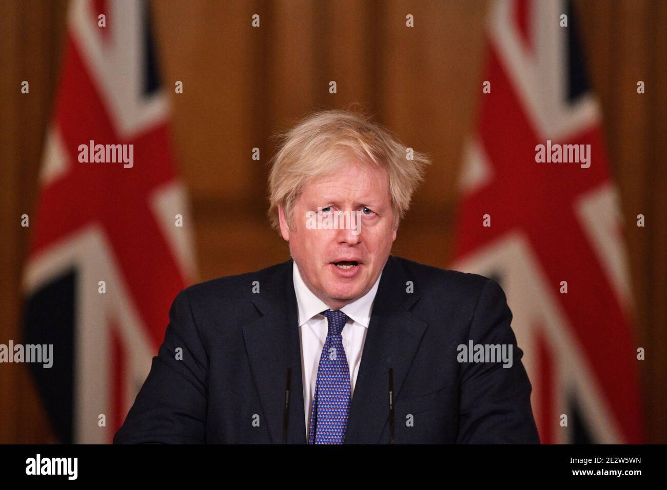 British Prime Minister Boris Johnson holds a media briefing on the coronavirus pandemic in Downing Street, London, Britain January 15, 2021. Dominic Lipinski/PA Wire/Pool via REUTERS Stock Photo