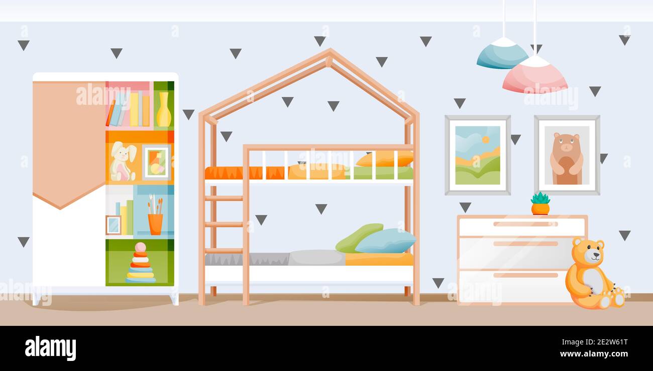 Modern light kids bedroom with bunk bed, wardrobe and toys. Children playroom interior. Vector flat cartoon illustration. Contemporary home background Stock Vector