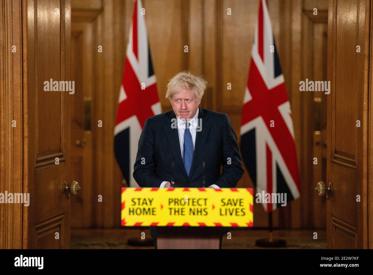 British Prime Minister Boris Johnson reacts at a media briefing on the coronavirus pandemic in Downing Street, London, Britain January 15, 2021. Dominic Lipinski/PA Wire/Pool via REUTERS Stock Photo