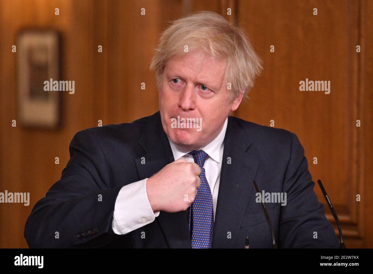 British Prime Minister Boris Johnson gestures at a media briefing on the coronavirus pandemic in Downing Street, London, Britain January 15, 2021. Dominic Lipinski/PA Wire/Pool via REUTERS Stock Photo