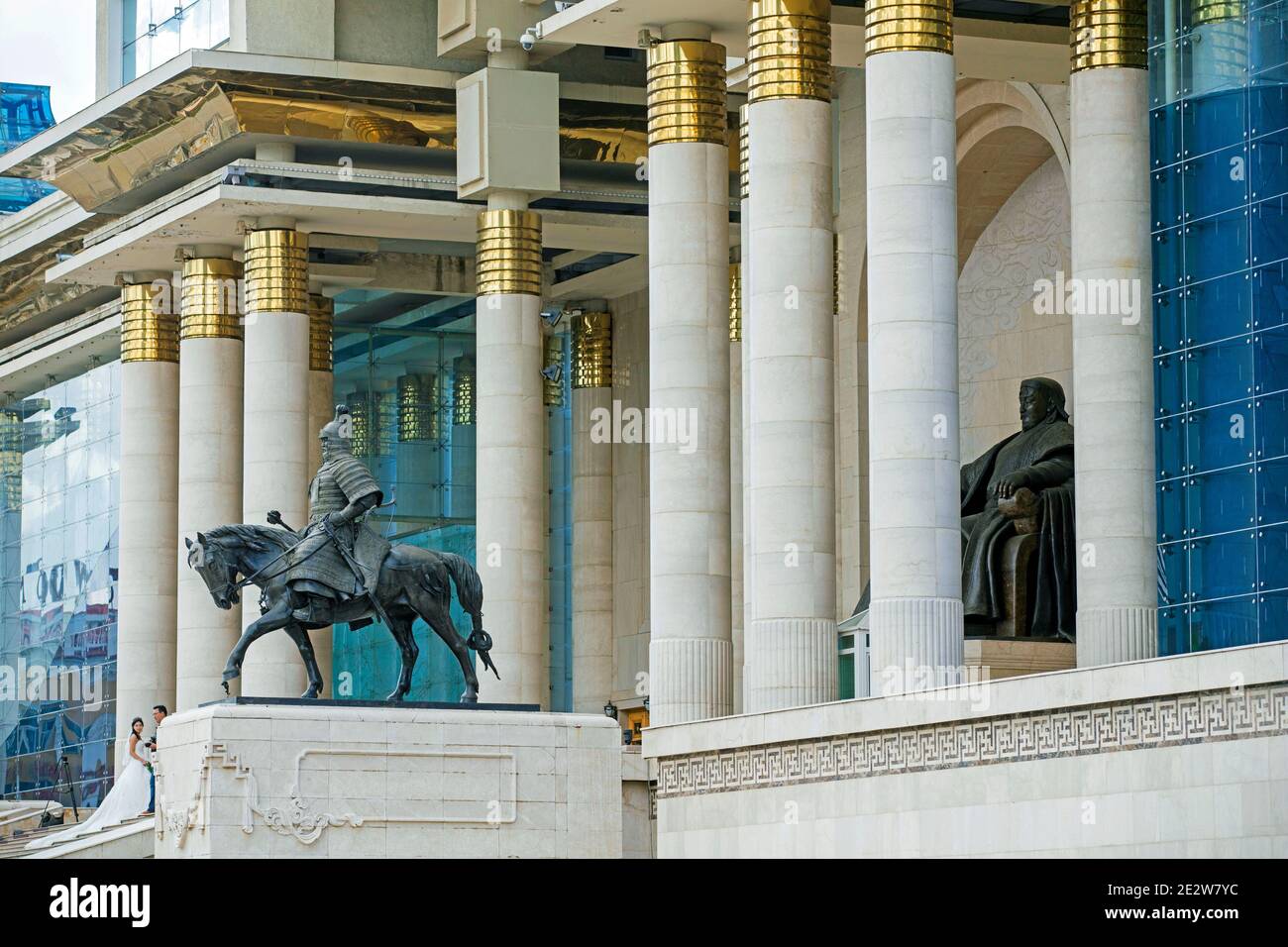 Main entrance to the Mongolian Government Palace / State Palace with statue of Genghis Khan in the capital city Ulaanbaatar / Ulan Bator, Mongolia Stock Photo