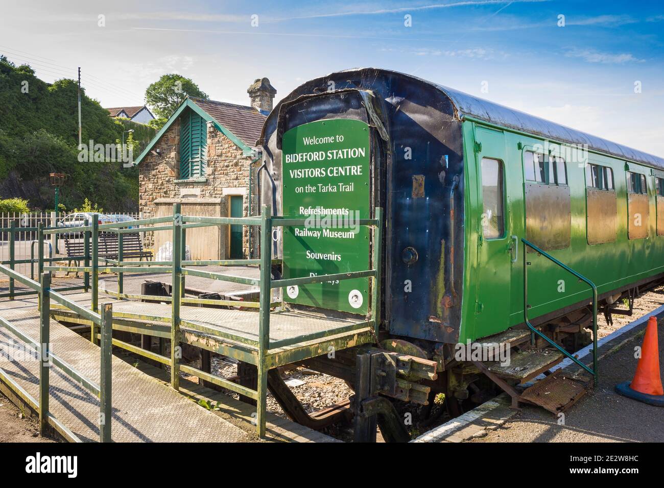 The former railway station in Bideford North Devon England UK The picture shows an old railway carriage used as an information centre and museum. Stock Photo