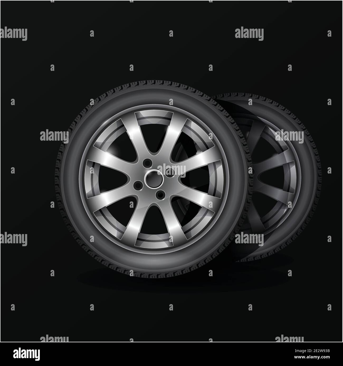 Tire fitting service poster, car wheel tyre with alloy wheel rim on black background, vector