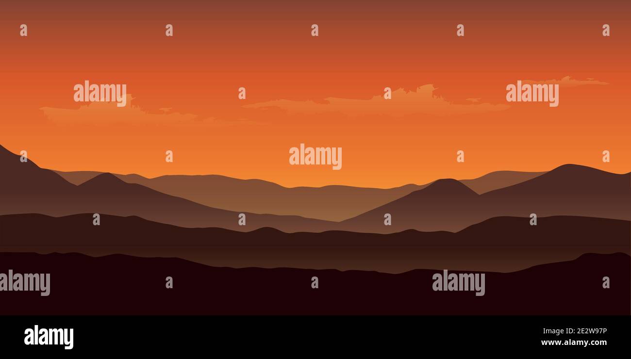 sunset in the mountains landscape in orange colors vector illustration ...