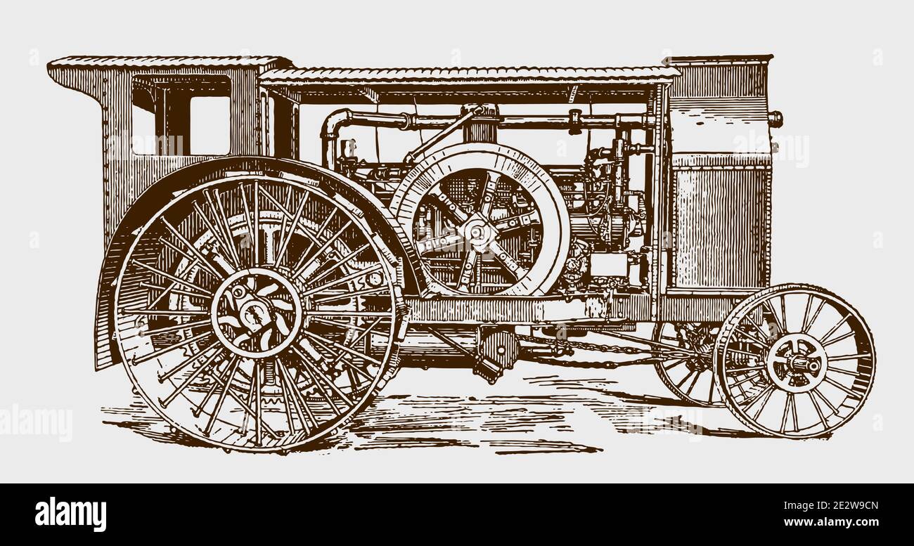 Antique tractor in side view. Illustration after an engraving from the early 20th century Stock Vector