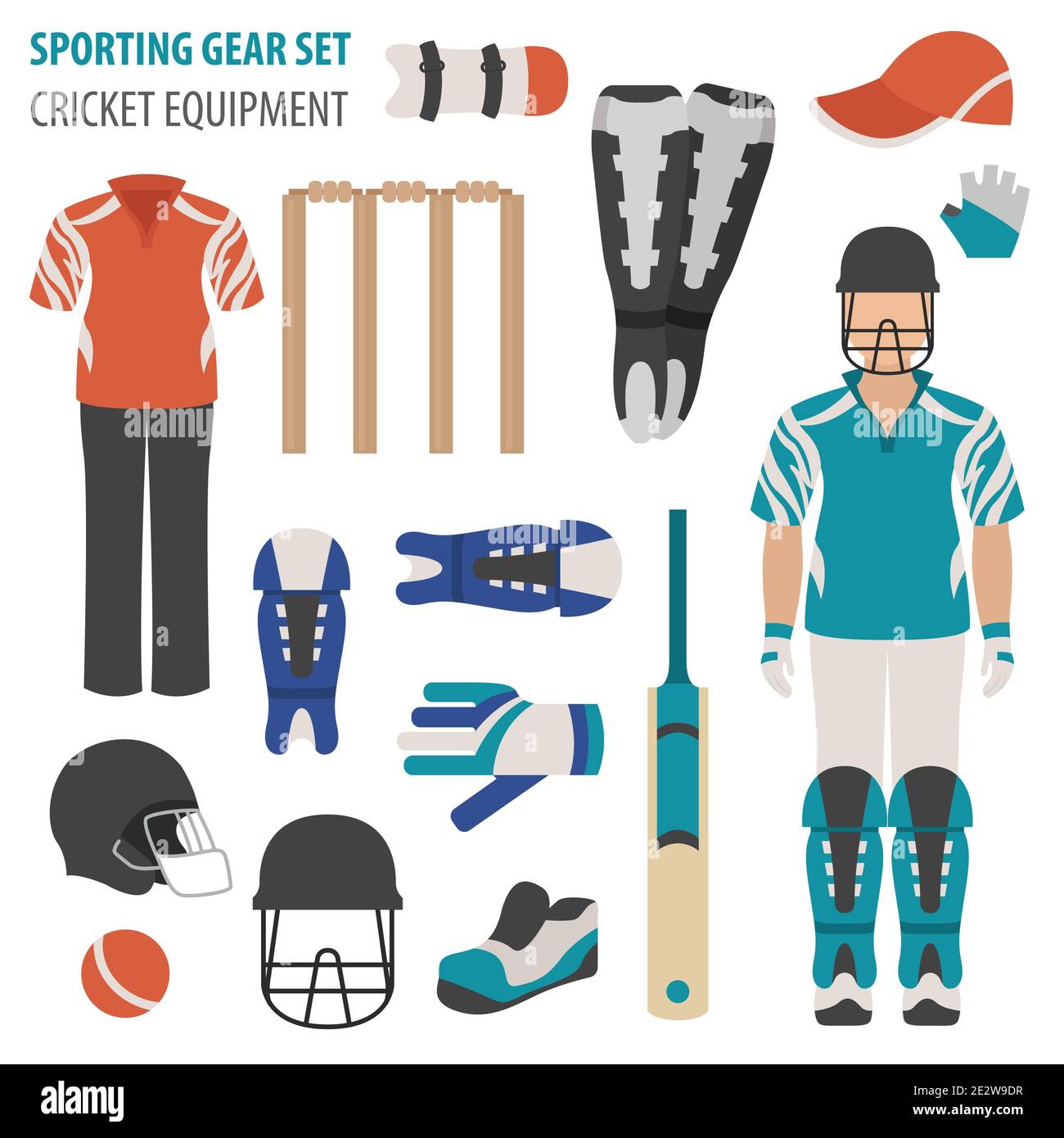 Sporting gear set. Cricketer equipment and accessories flat design icon.Vector illustration Stock Vector