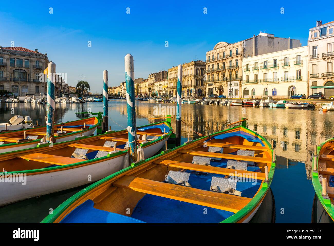 Typical Sète boats on the royal canal in Sète, in Hérault, in Occitania, France Stock Photo