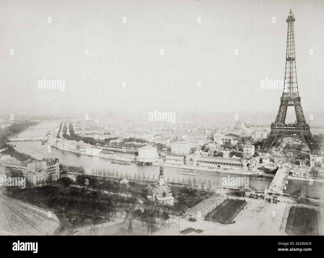 Vintage 19th century photograph: France - Eiffel Tower Paris, France. 1889. The Exposition Universelle of 1889 was a world's fair held in Paris, France, from 6 May to 31 October 1889. It was the fourth of eight expositions held in the city between 1855 and 1937. Stock Photo