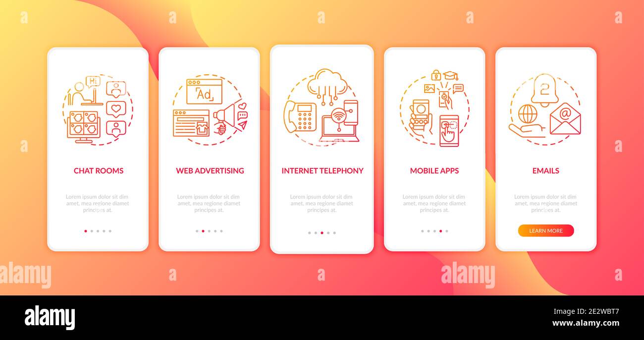 New media examples onboarding mobile app page screen with concepts Stock Vector