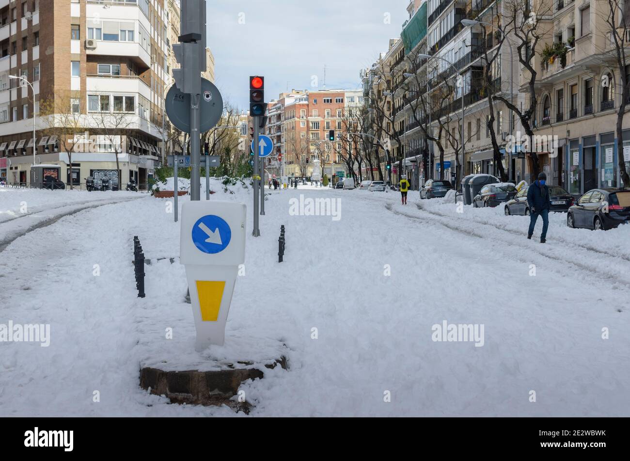 Madrid, Spain. 10 th January 2021. View of San Bernardo street in Chamberi quarter after Filomena snow storm. Credit: Enrique Davó. Stock Photo