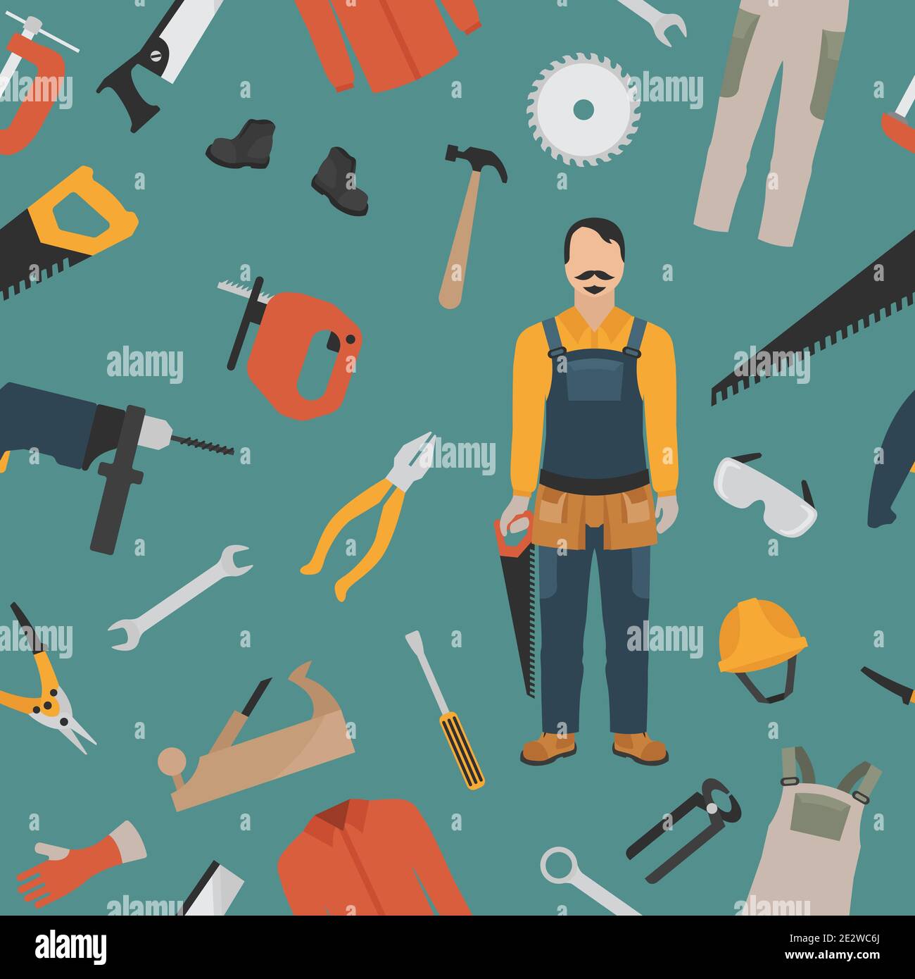 Profession and occupation set. Carpenter tools and  equipment. Seamless pattern. Vector illustration Stock Vector