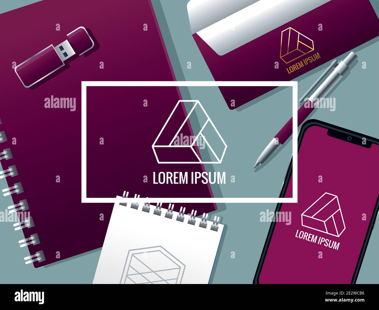 notebook with set elements mockup branding and square frame vector illustration design Stock Vector