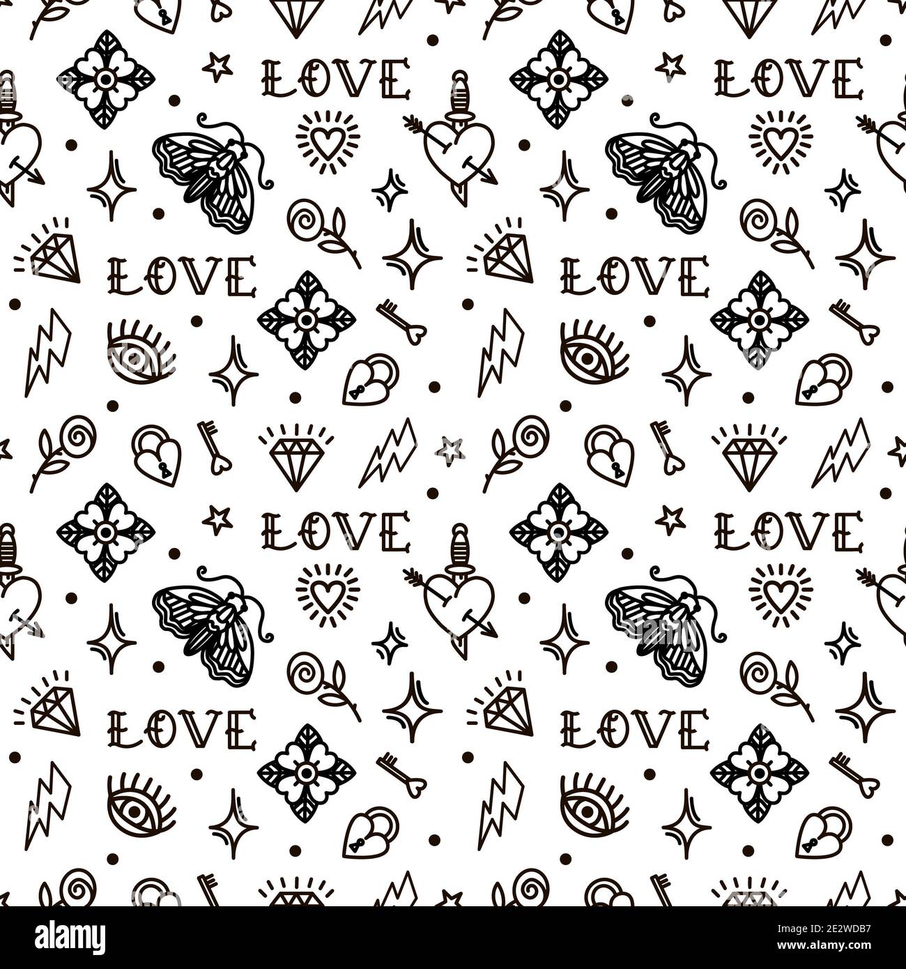 Old school tattoo seamless pattern with love symbols. Design For Valentines  Day Stock Photo - Alamy