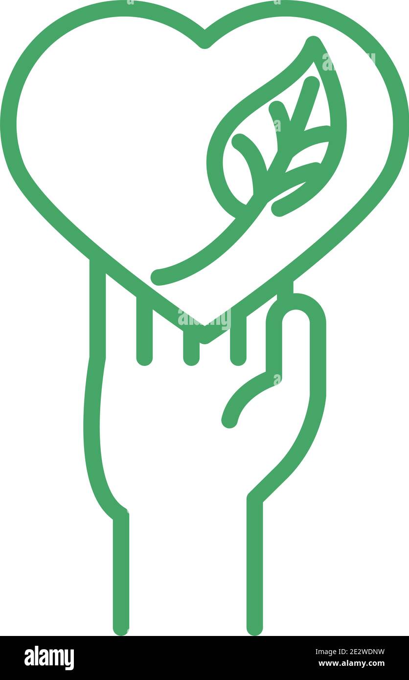 organic natural, hand with heart leaf green line style vector ...
