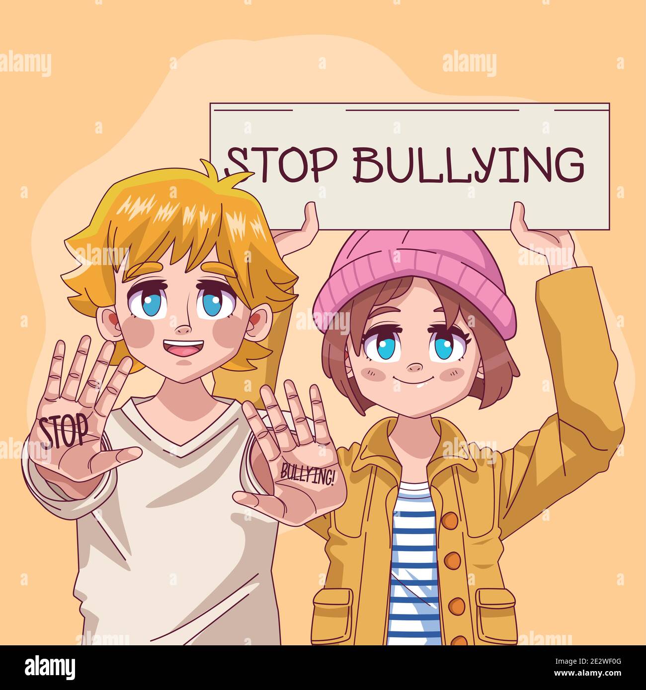 young teenagers couple with stop bullying lettering in banner vector ...