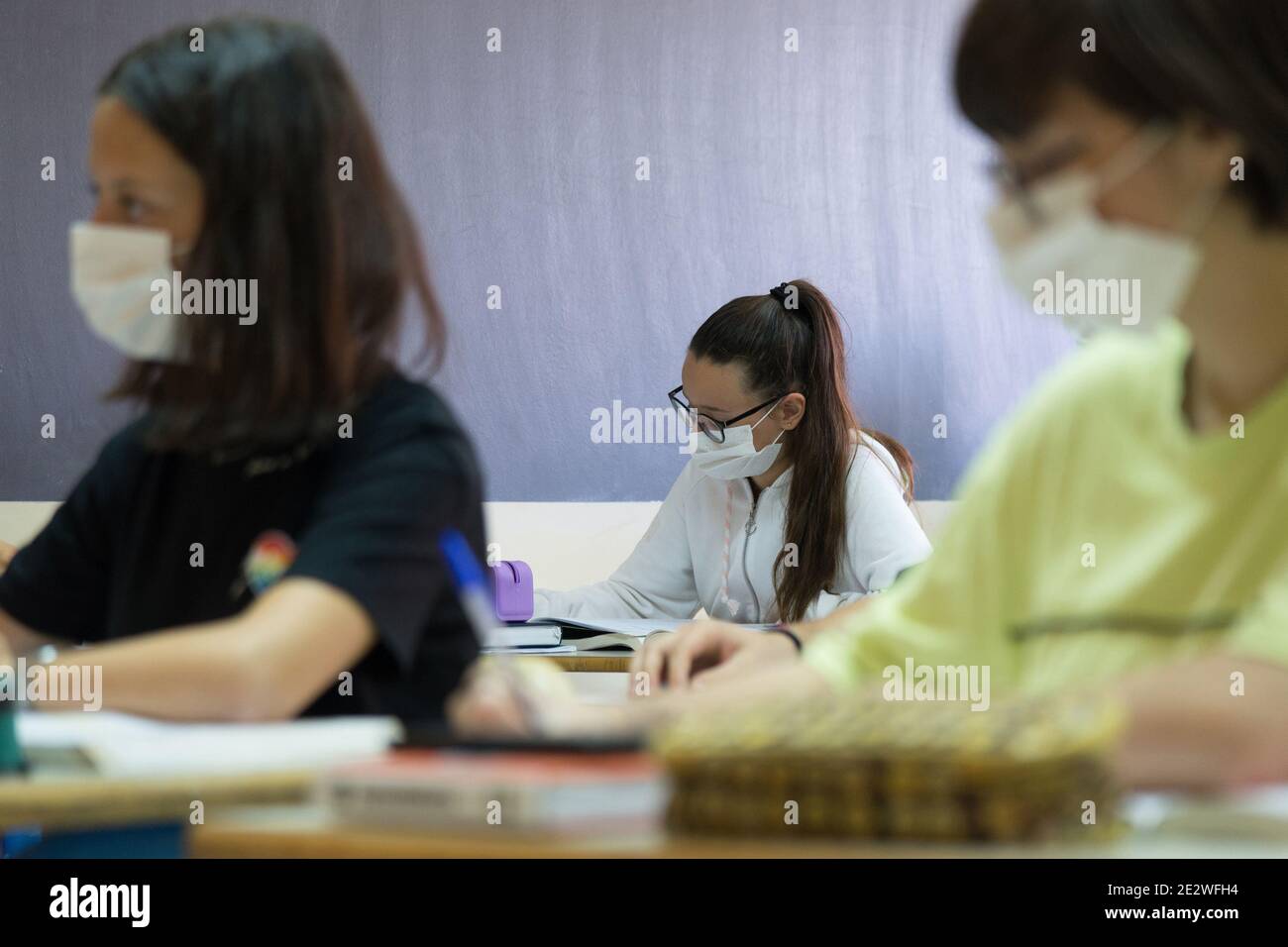 Campobasso, Molise region, Italy: Schoolgirls with protective masks, follow a math lesson at the Pertini Biological Institute in Campobasso. Stock Photo