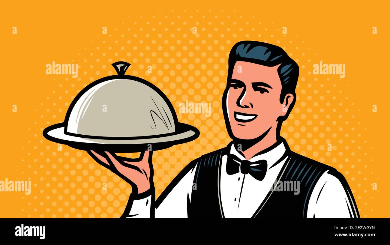 Waiter with tray in retro pop art style. Restaurant, food service concept  Stock Vector Image & Art - Alamy