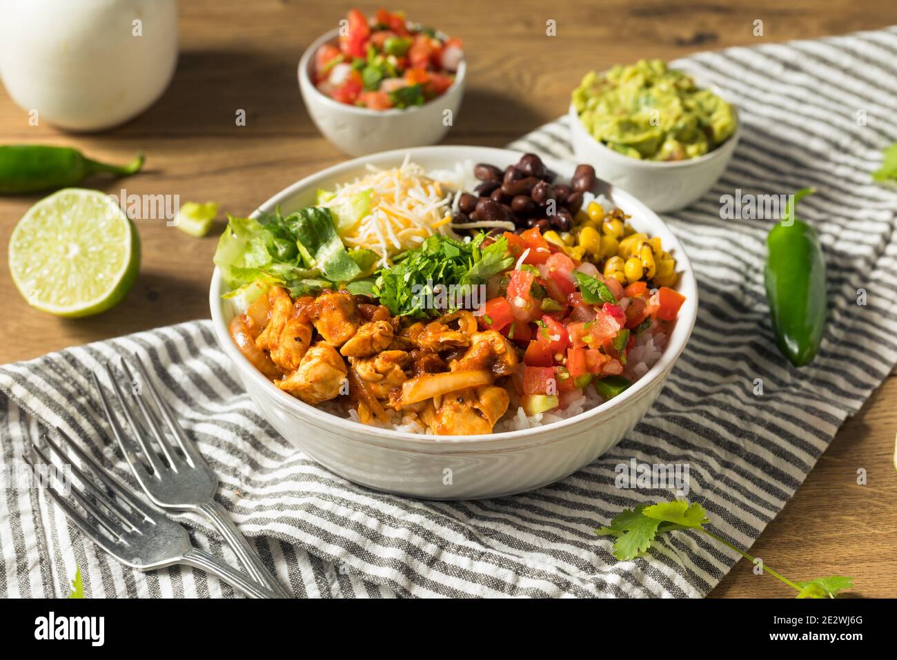 Homemade Healthy Chicken Burrito Bowl with Salsa Corn and Beans Stock