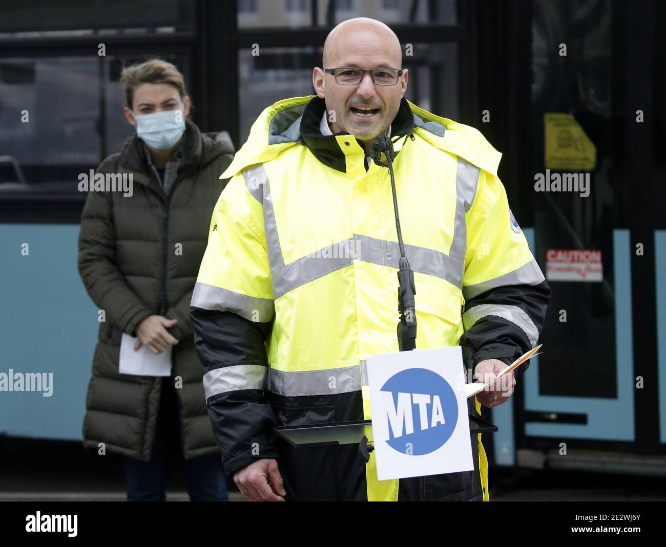 New York, United States. 15th Jan, 2021. President MTA Bus; Sr. VP, NYCT Department of Buses Craig Cipriano speaks at a press conference after eight people were injured when a tandem MTA city bus crashed and was left hanging off a New York City overpass Thursday night in New York City on Friday, January 15, 2021. Photo by John Angelillo/UPI Credit: UPI/Alamy Live News Stock Photo