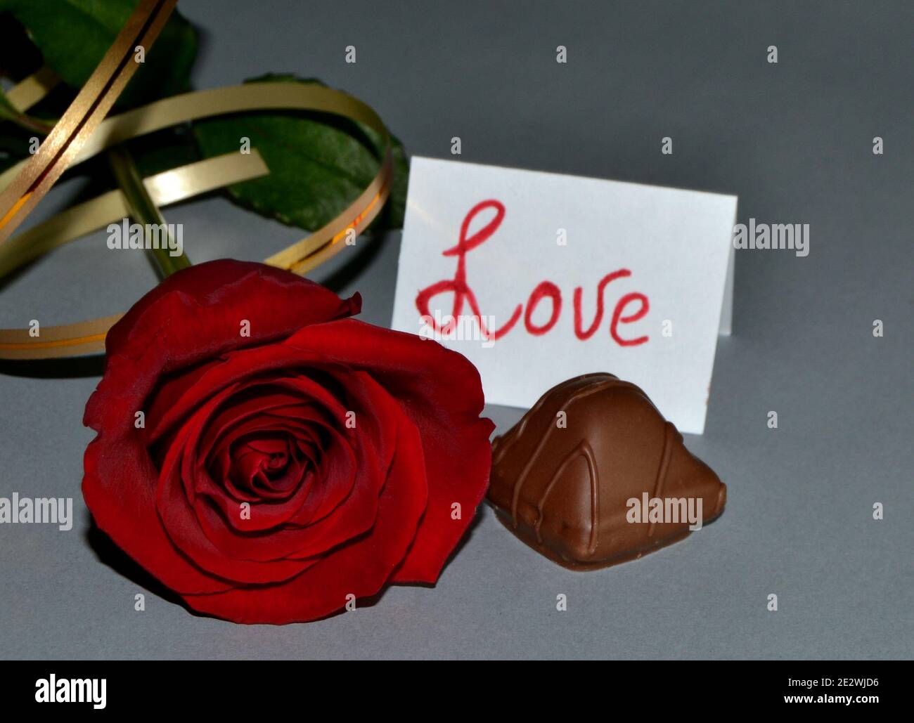Red rose with golden ribbon, chocolate candy and leaflet with the ...