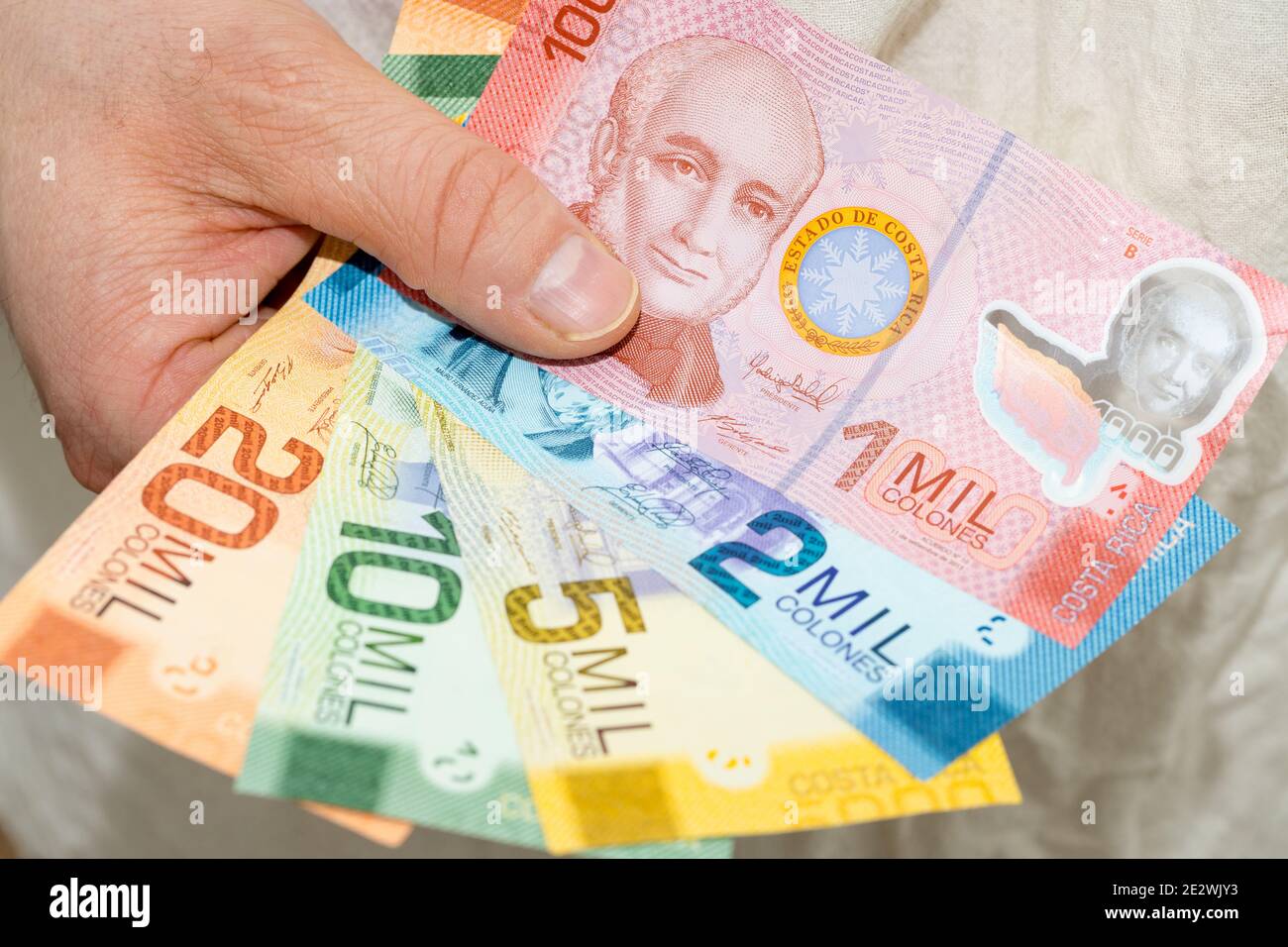 Costa Rican currency, Colones, All banknotes held in the hand Stock