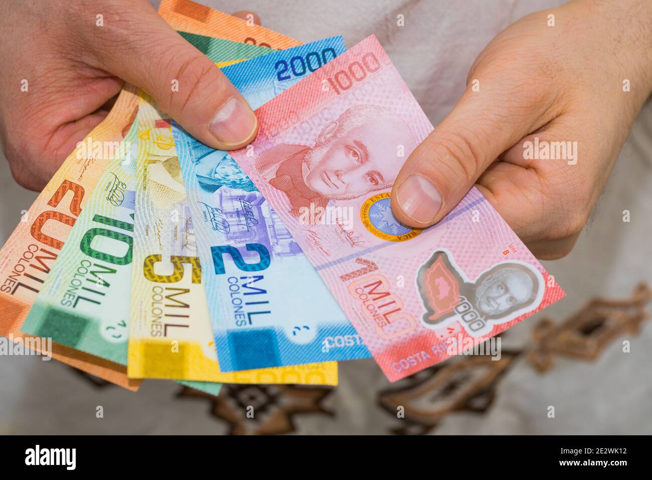 Costa Rican currency, Colones, All banknotes held in the hand Stock
