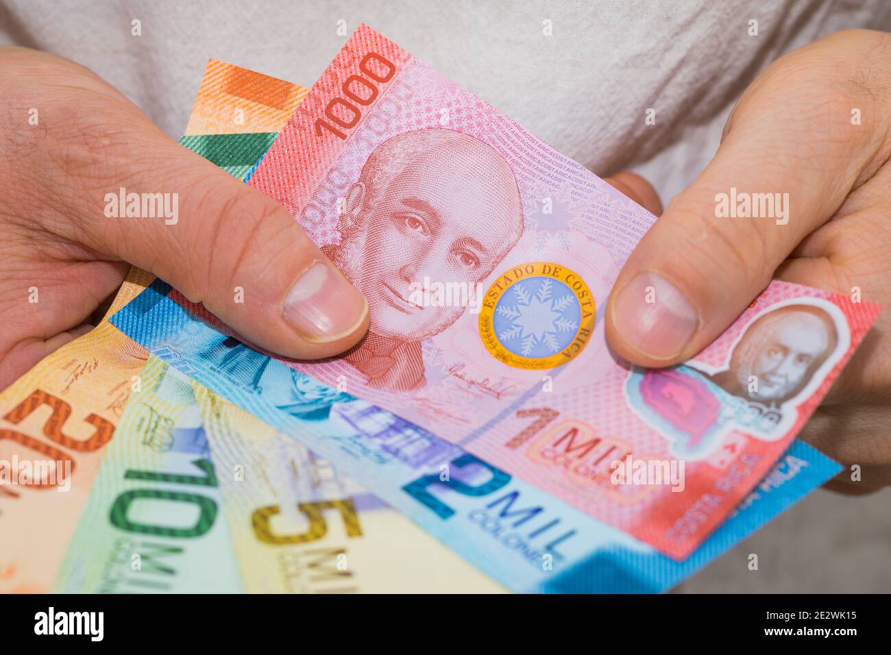 Costa Rican currency, Colones, All banknotes held in the hand Stock