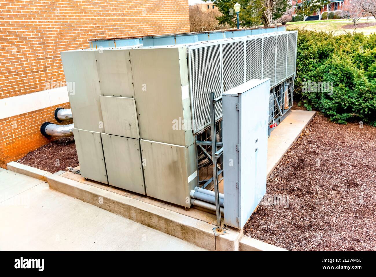 Horizontal shot of a large air conditioning and heating system for a residential complex. Stock Photo